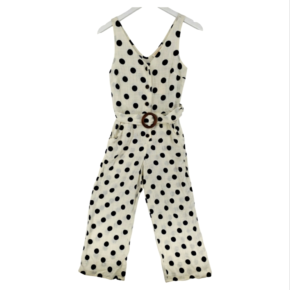 Monteau NWT Linen Blend Polka Dot Jumpsuit Size XS White Navy Belted Pockets